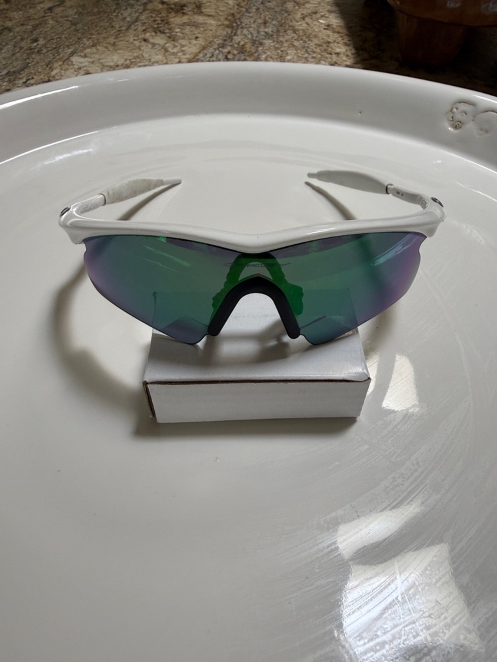 Oakley White Sport Sunglasses with Mirrored Green-Purple Lens